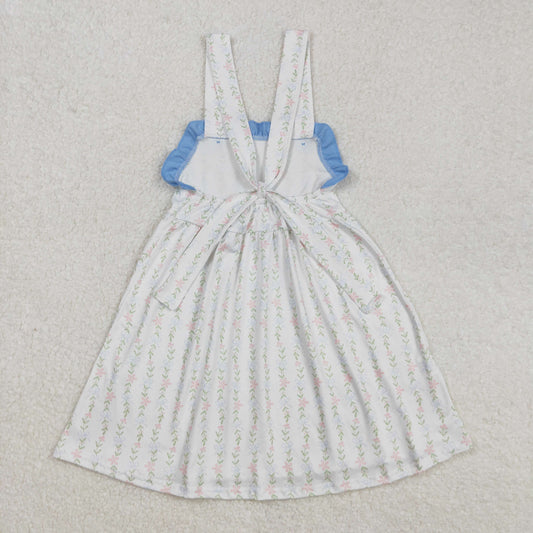GSD1099 White Blue ruffle refreshing flower sleeveless dress girls boutique dress 202502 RTS