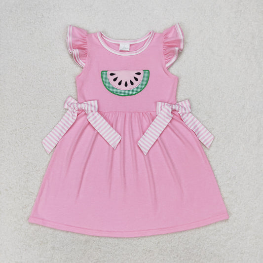 GSD1104 Embroidered watermelon striped bow pink short sleeve dress high quality wholesale girl princess dress