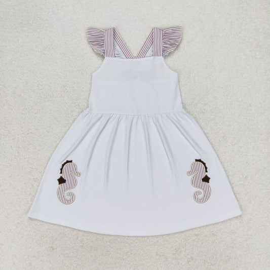 GSD1111 Embroidered seahorse striped flying sleeve white dress high quality summer dress for girls kids