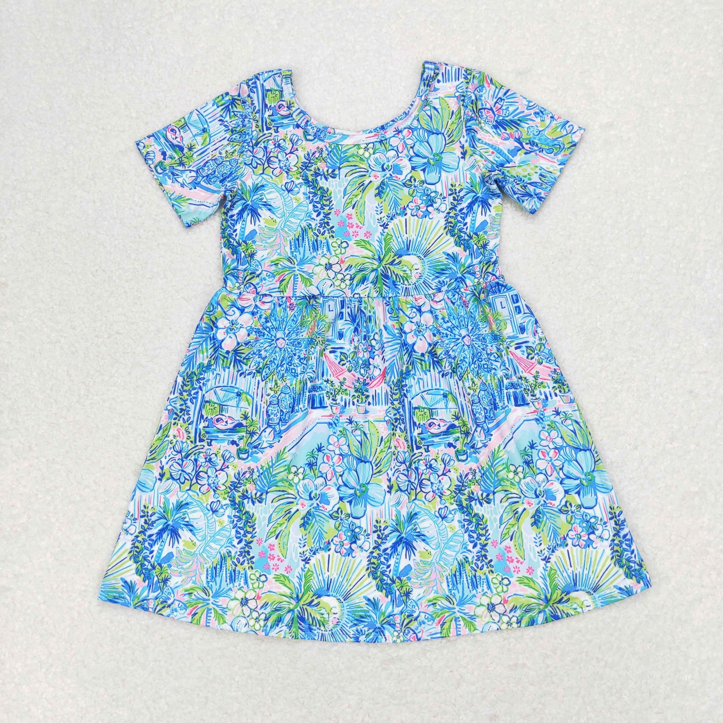 GSD1114 Floral pattern blue short sleeve dress high quality baby girls dress designs
