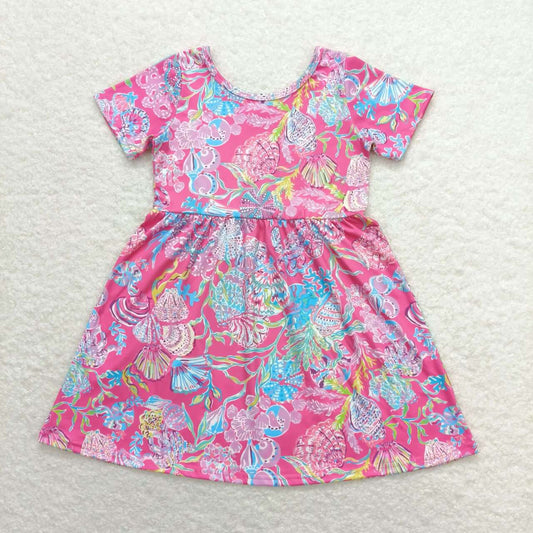 GSD1115 Sea grass shell rose red short sleeve dress high quality toddler girls dresses