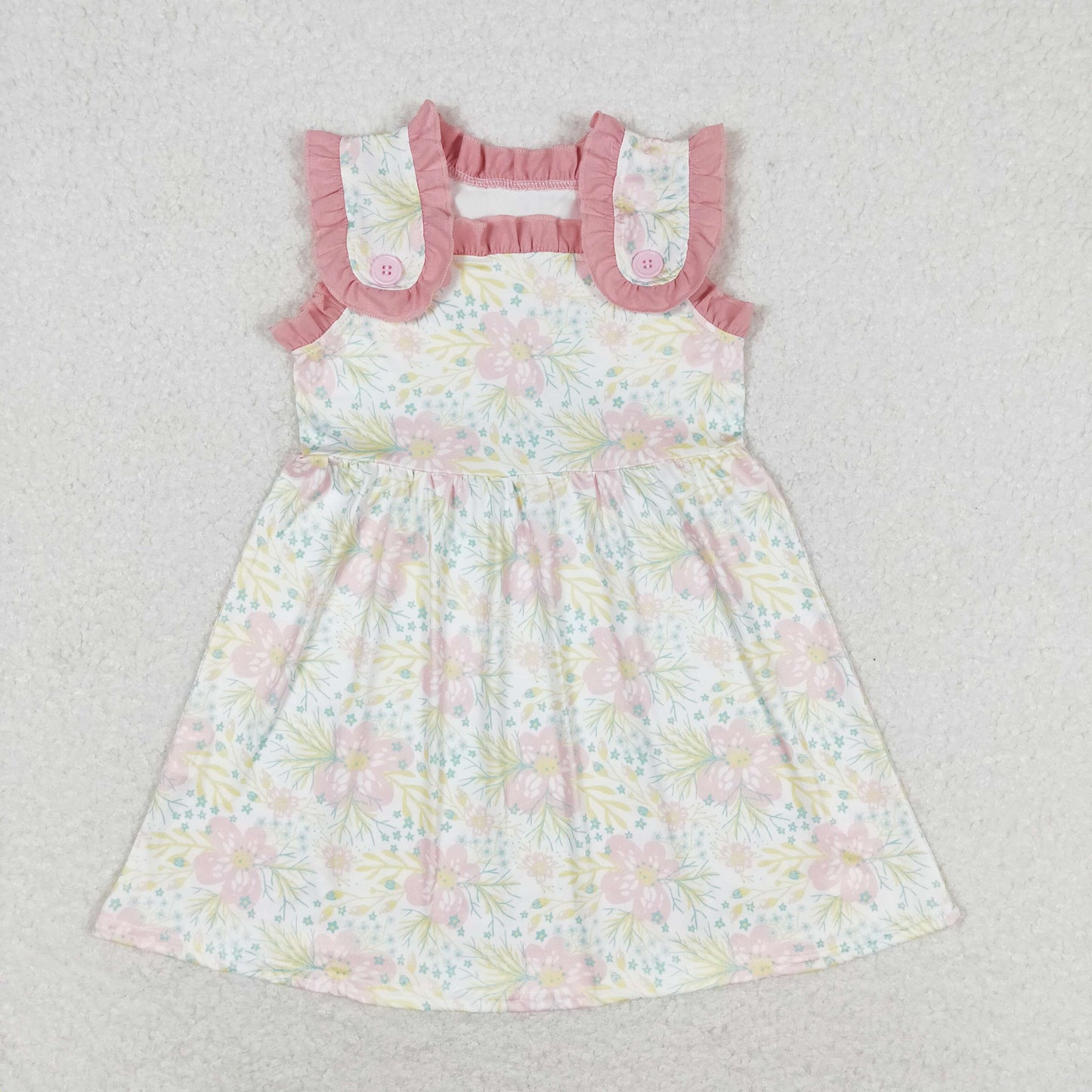 GSD1119 Yellow flowers Pink lace sleeveless dress kids dresses for girls