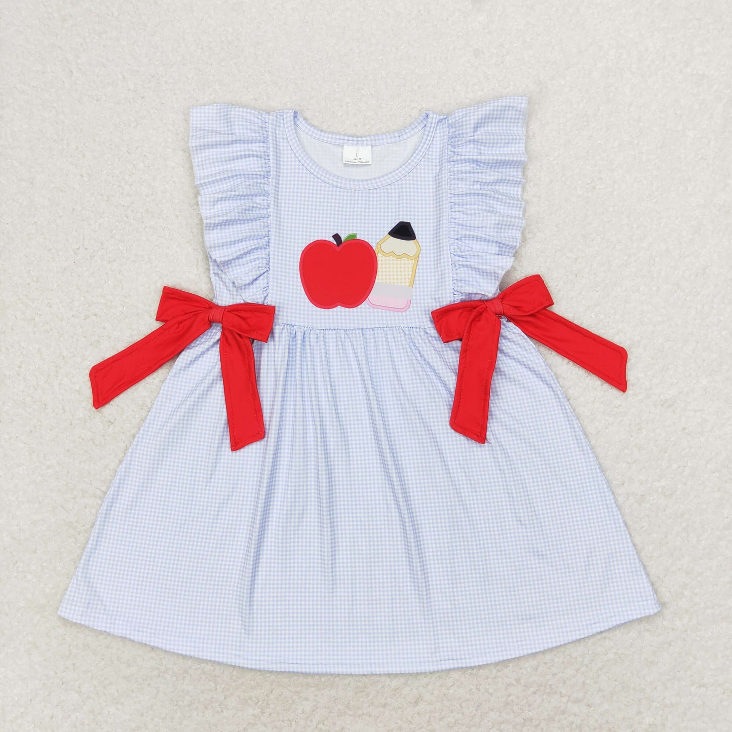 GSD1143 Apple pencil red bow blue plaid sleeveless dress 1 year baby girl dresses