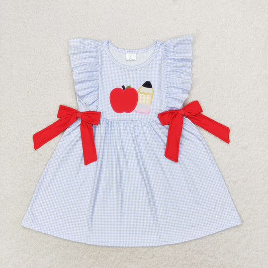 GSD1143 Apple pencil red bow blue plaid sleeveless dress 1 year baby girl dresses