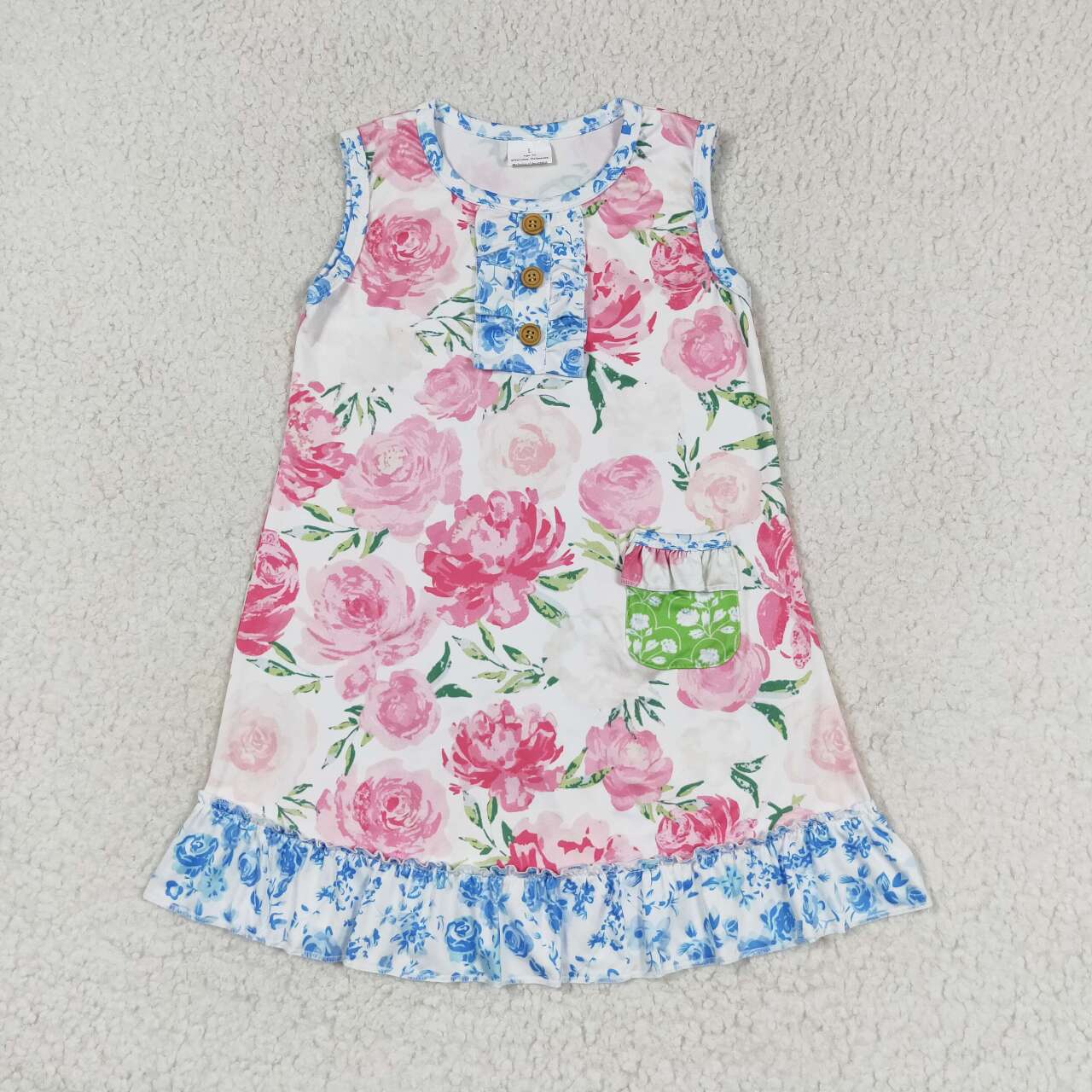 GSD1154 Flower Pink Blue Ruffle Sleeveless Dresses for Girls RTS 202509