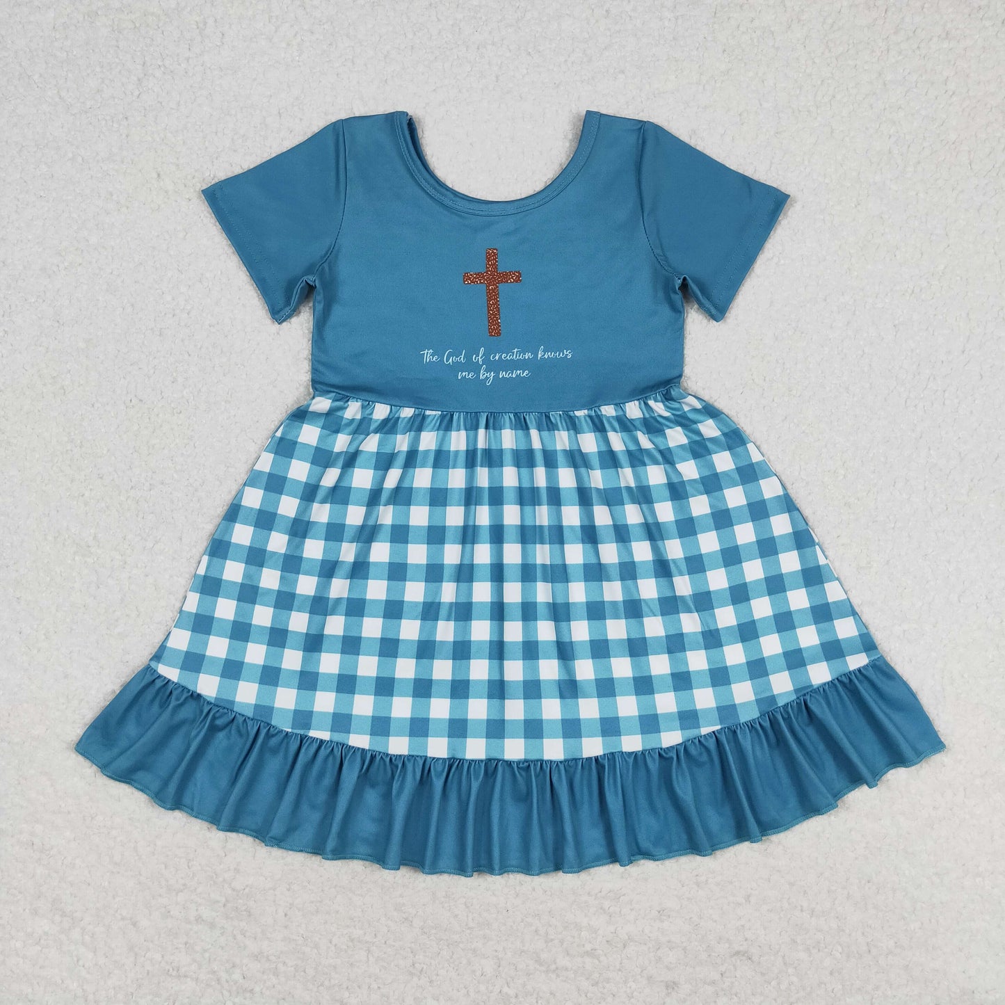 GSD1157 Cross lettering check turquoise lace short-sleeved dress dress kids girl