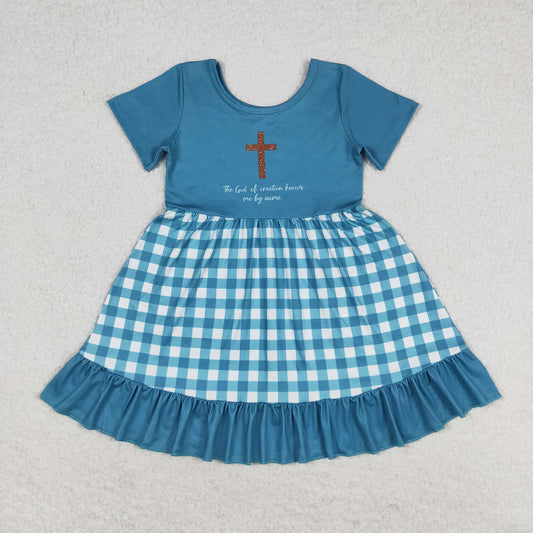 GSD1157 Cross lettering check turquoise lace short-sleeved dress dress kids girl