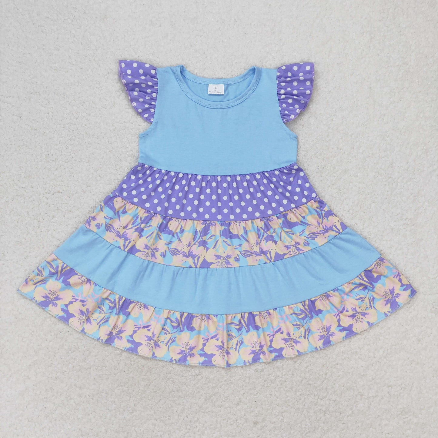 GSD1164 Blue Purple Floral Polka Dot Flying Sleeve Girls Dresses RTS 202509