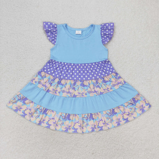 GSD1164 Blue Purple Floral Polka Dot Flying Sleeve Girls Dresses RTS 202509