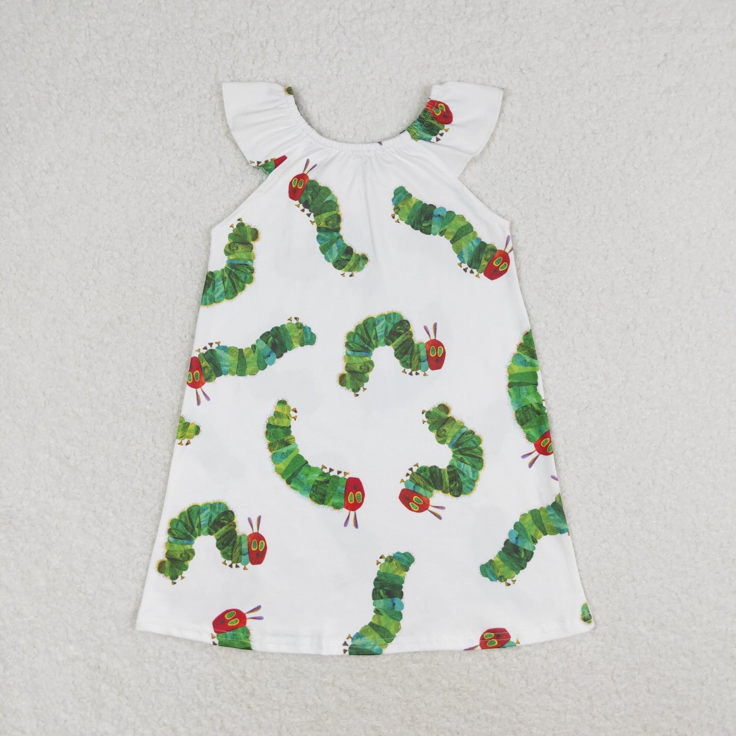 GSD1199 Cartoon Caterpillar White flying sleeve dress High quality dress for kids girls 2 to 14 years old
