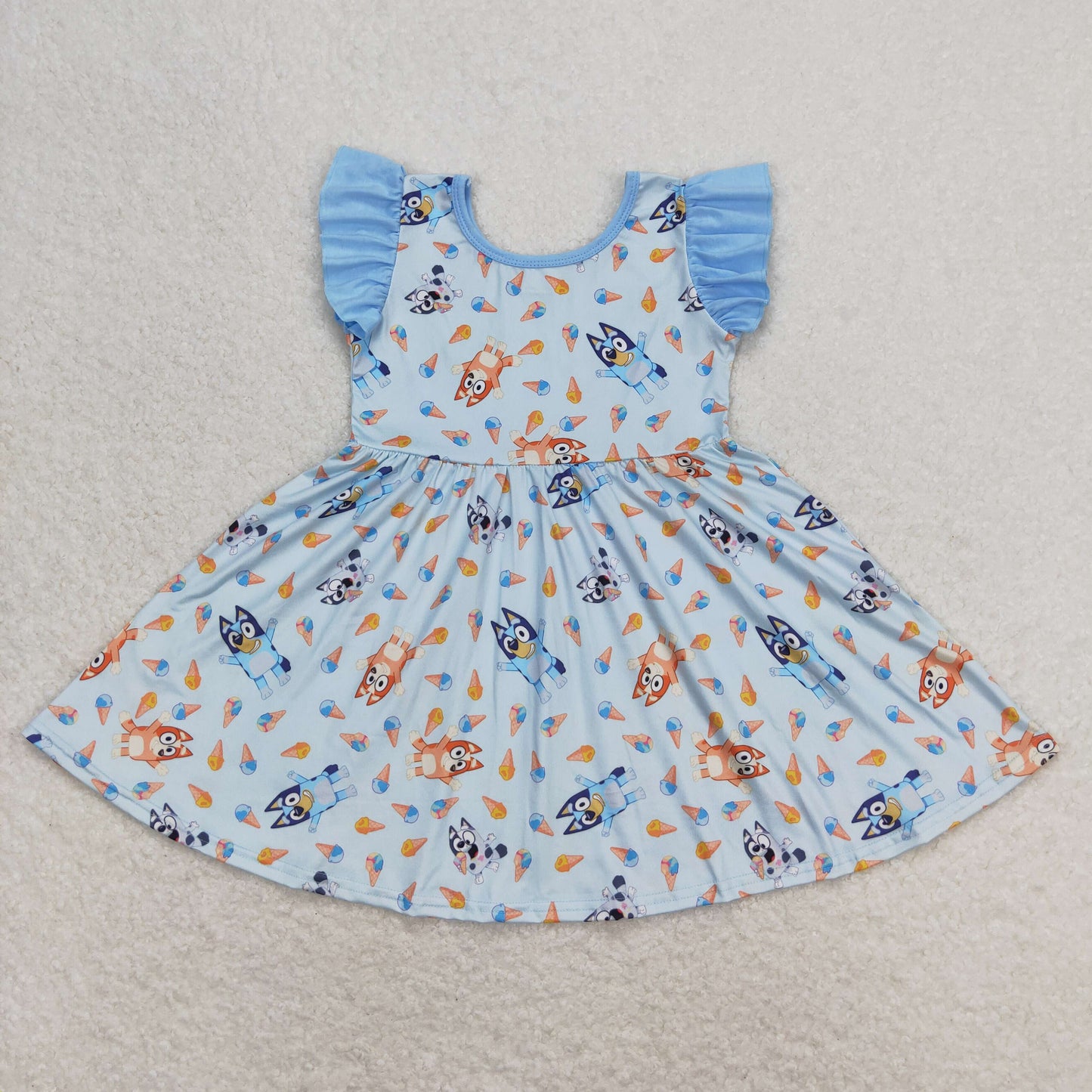 GSD1202 Cartoon Bluey Ice Cream Blue Ruffle Fly Sleeve Dress Girls Boutique clothes 202404 RTS