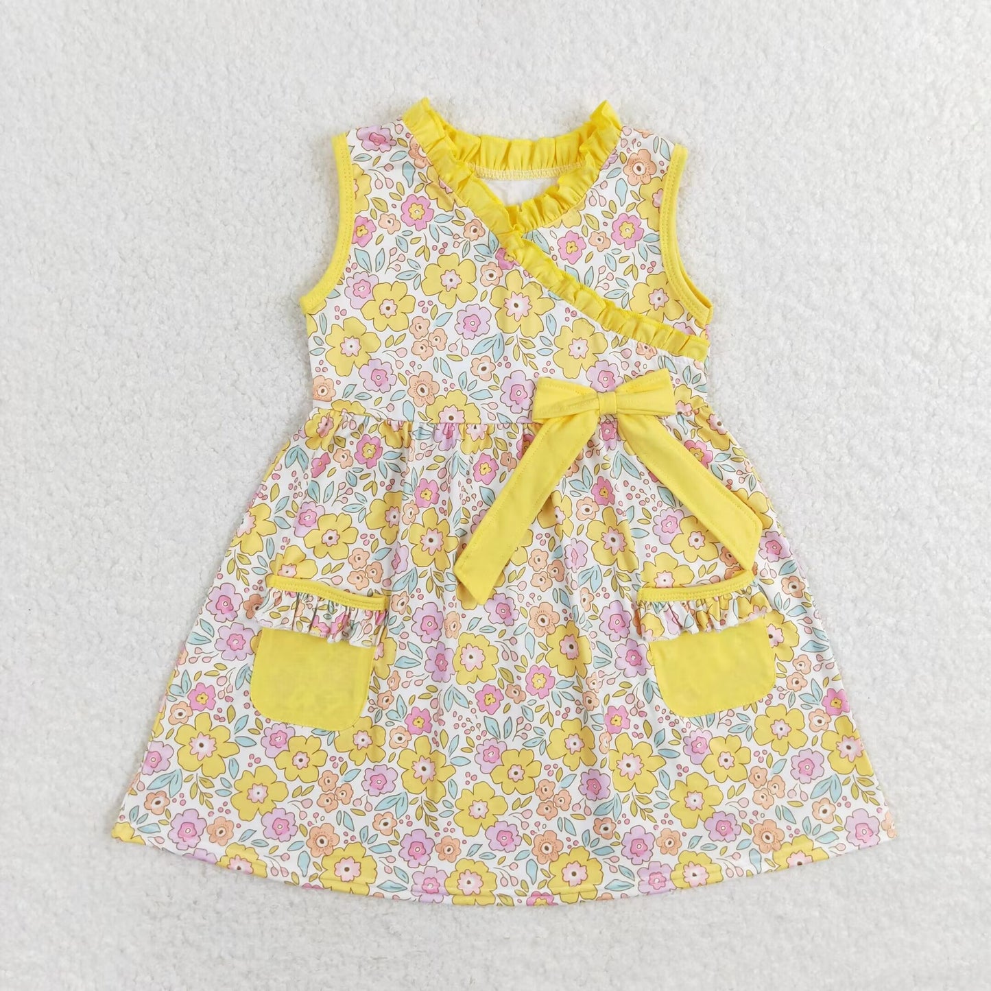 GSD1216 RTS floral yellow lace pocket bow sleeveless dress