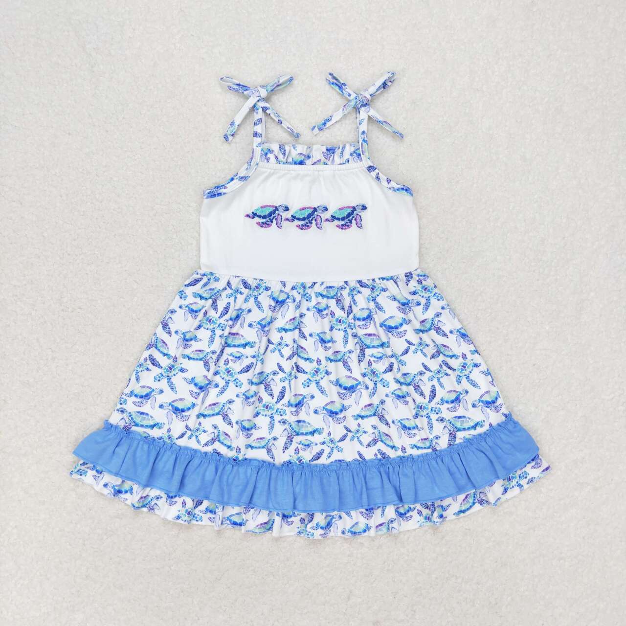 GSD1233 Embroidered turtle dress with blue lace and white suspenders summer dress for girls kids