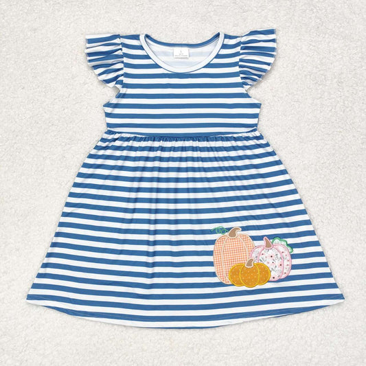 GSD1254 Embroidered flower pumpkin blue striped flysleeve dress western clothes
