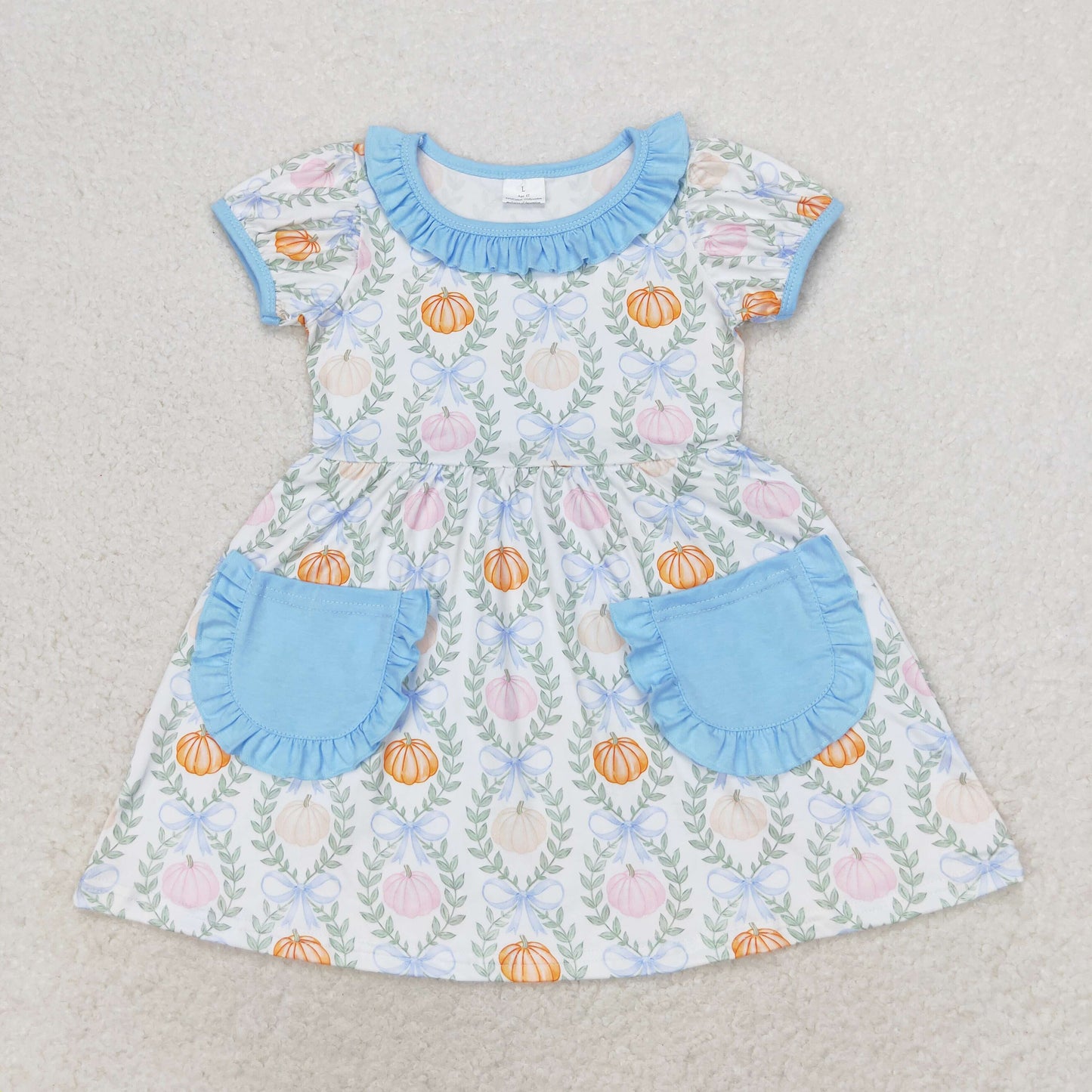 GSD1269 Pumpkin leaf blue lace pocket short sleeve dress high quality dresses for girls of 10 year old