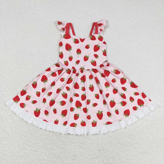 GSD1273 strawberry red lace ruffle flying sleeve dress for girls 202504 RTS