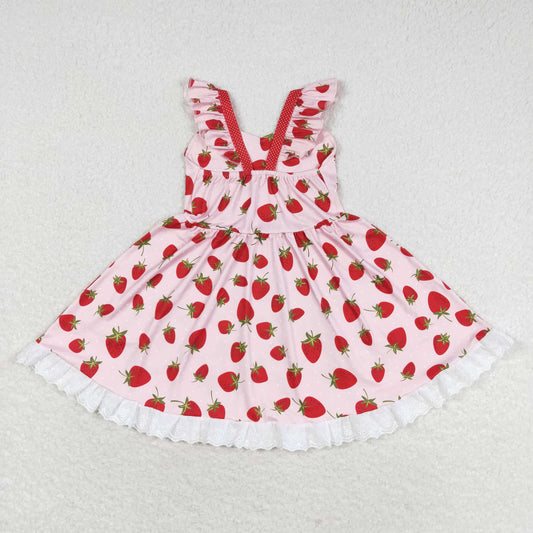 GSD1273 strawberry red lace ruffle flying sleeve dress for girls 202504 RTS