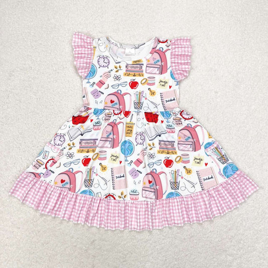 GSD1304 Schoolbag globe pink plaid lace flying sleeve dress baby girl princess dress