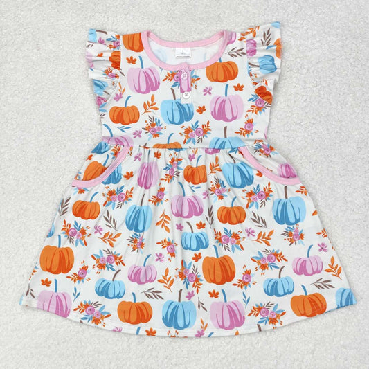 GSD1332 NO MOQ pumpkin flower beige button-up sleeved dress western clothes