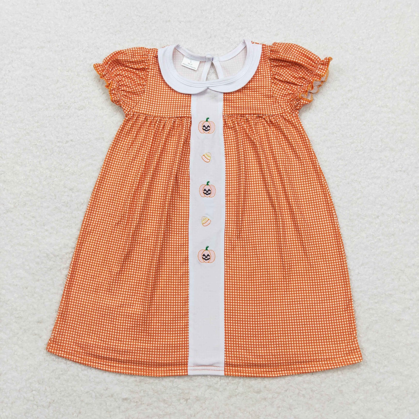GSD1337 Embroidered smiley face jack-o '-lantern candy doll collar orange plaid short-sleeved dress