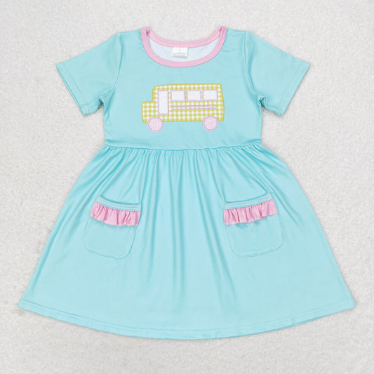 GSD1341 Yellow plaid school bus teal pocket short-sleeved dress girls party dresses