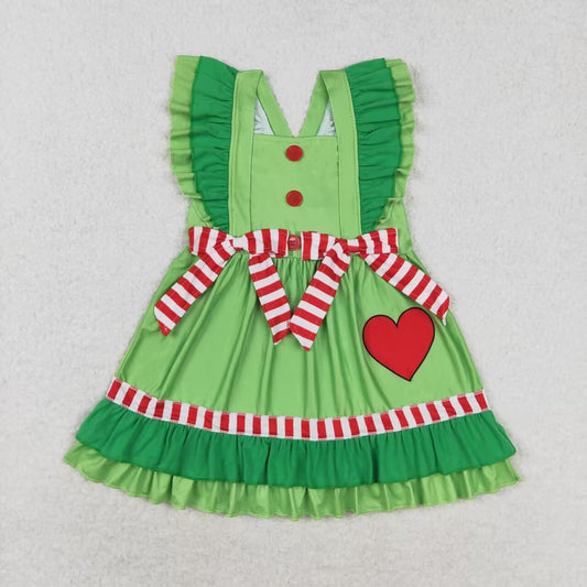 GSD1356 Love red and white striped bow with green lace flying sleeve dress
