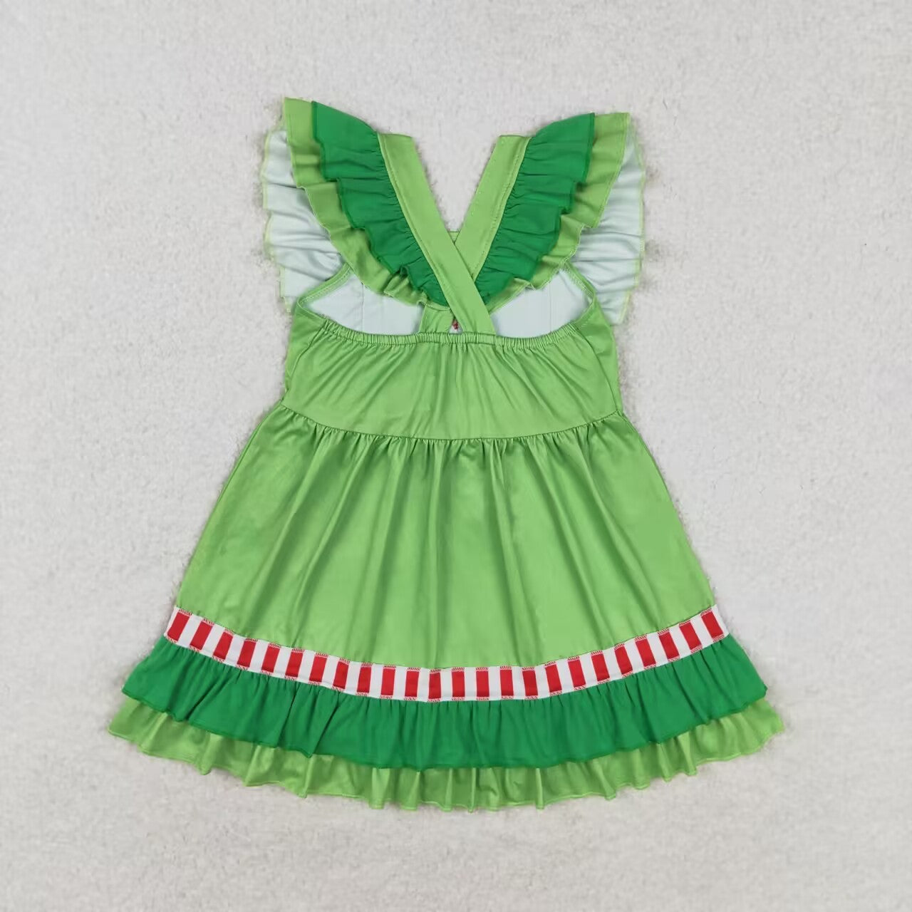 GSD1356 Love red and white striped bow with green lace flying sleeve dress