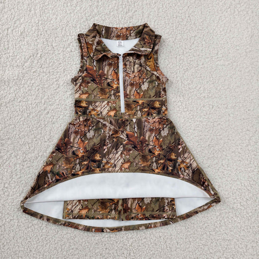 GSD1384 Branches and Leaves Camouflage Zip Collar Sleeveless Yoga Dresses for Girls 202606 RTS