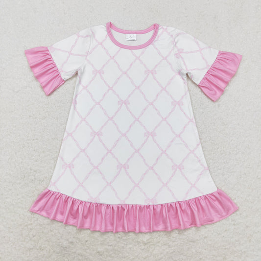 GSD1409 Bow pattern Pink lace white short-sleeved dress
