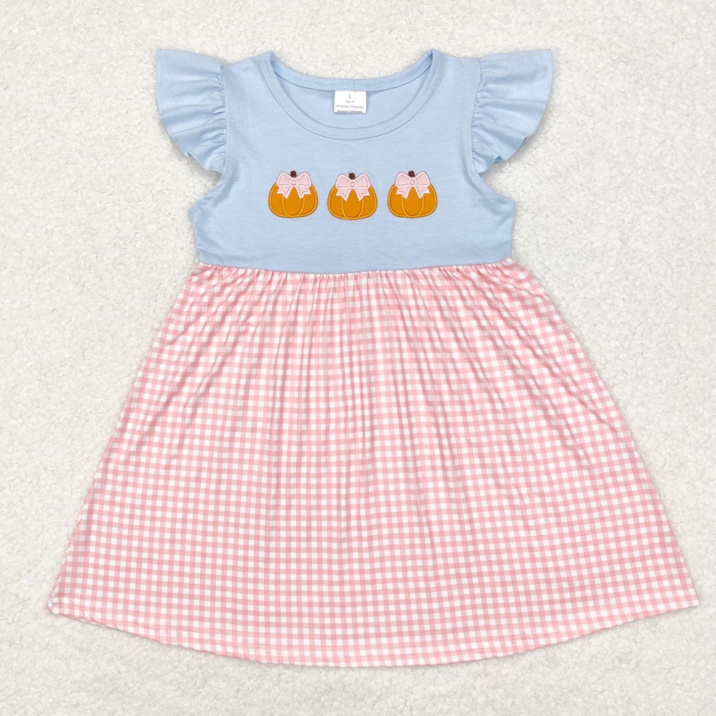 GSD1421 Pink plaid short-sleeved one-piece dress with embroidery pumpkin pattern