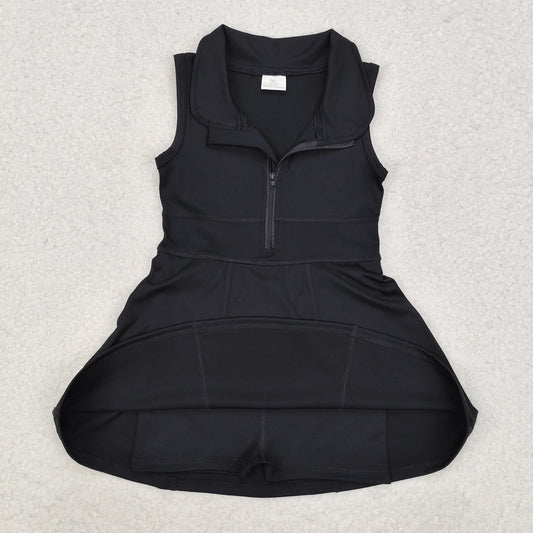 GSD1428 Solid Black Zip Yoga Sleeveless Dresses for Girls
