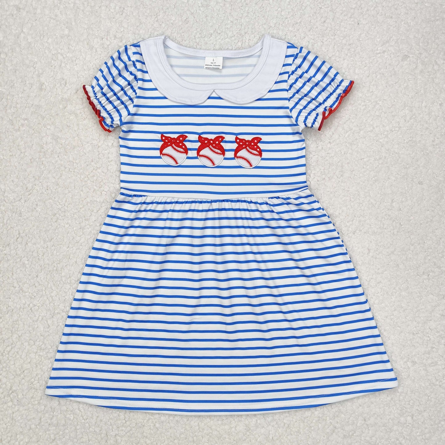 GSD1436 Cute Girls Cartoon Embroidery pattern Blue striped Dress Valentines clothes summer outfit