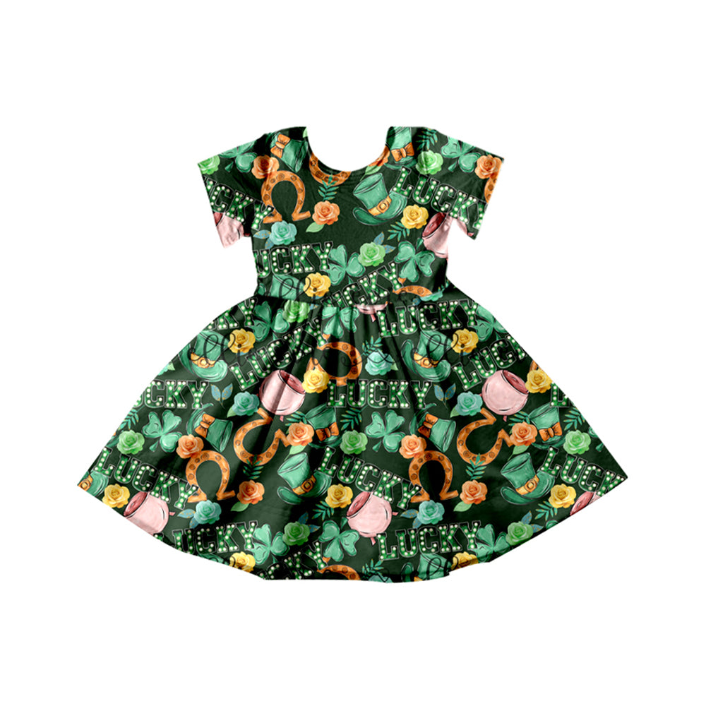 Preorder GSD1450 St. Patrick's Day Four-leaf clover hat flowers green short-sleeved dress High quality