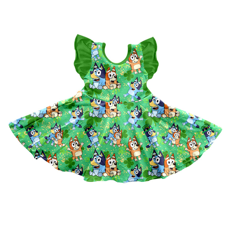 Preorder GSD1464 St. Patrick's Day bluey four-leaf clover green flysleeve dress