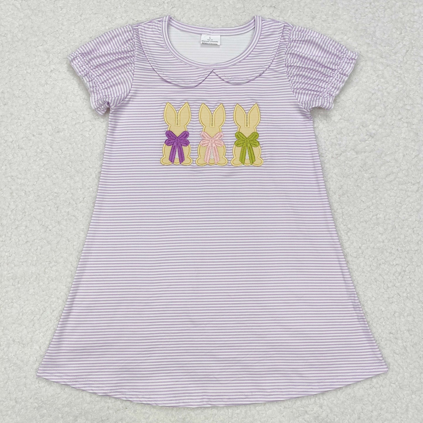 GSD1470 Embroidered Easter Bunny Bow Purple Stripe Doll Collar Short Sleeve Dresses for Girls RTS 20241127