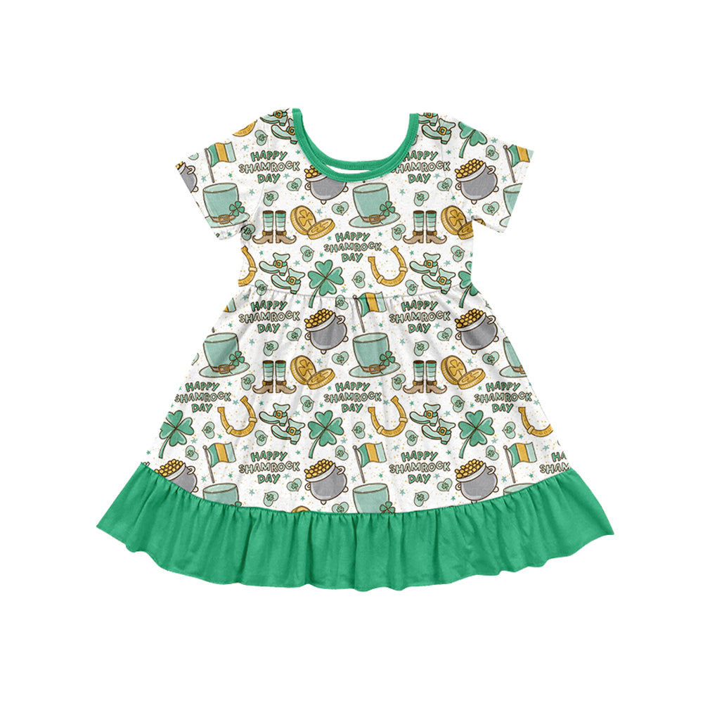 Preorder GSD1477 St. Patrick's Day happy shamrock day Letter four-leaf Clover gold coin green lace short-sleeved dress