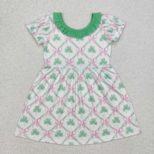GSD1493 St. Patrick's Day outfit lucky girl outfit Green Ruffle Short Sleeve Dress clover bows pattern set RTS 202412