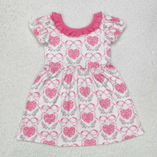 GSD1512 RTS Pink Love Flower Bows short sleeve dress Valentines girls outfits