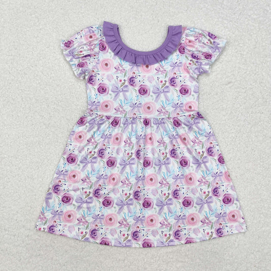 GSD1516 RTS purple floral short sleeve dress flower bows girls dresses Valentine's Day outfits