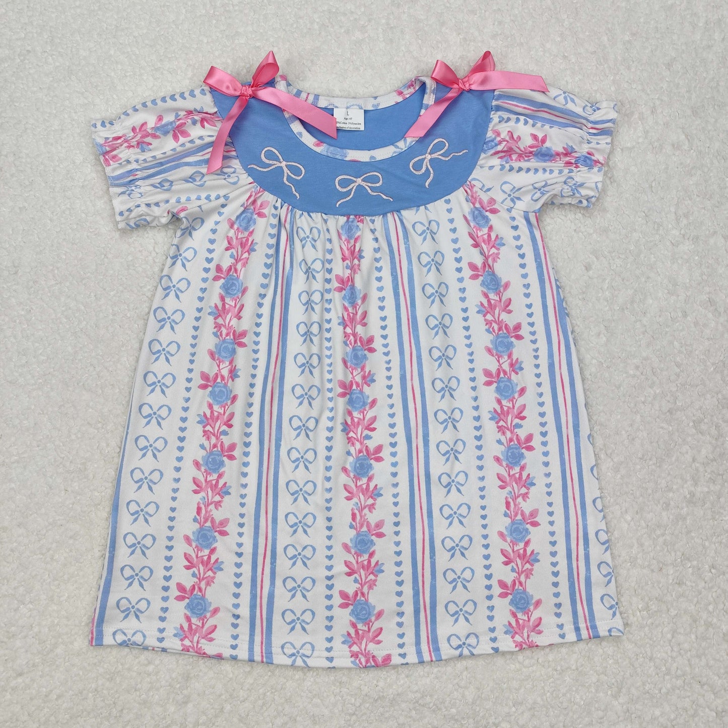 GSD1520 Embroidered Bow Blue Pink Flower Outfit Girls Valentines boutique short sleeve dress 202501
