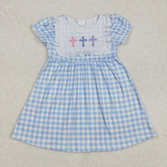 GSD1522 Easter Outfits Embroidered Cross Blue Plaid Short Sleeve Dress Girls Boutique clothes  202502 RTS