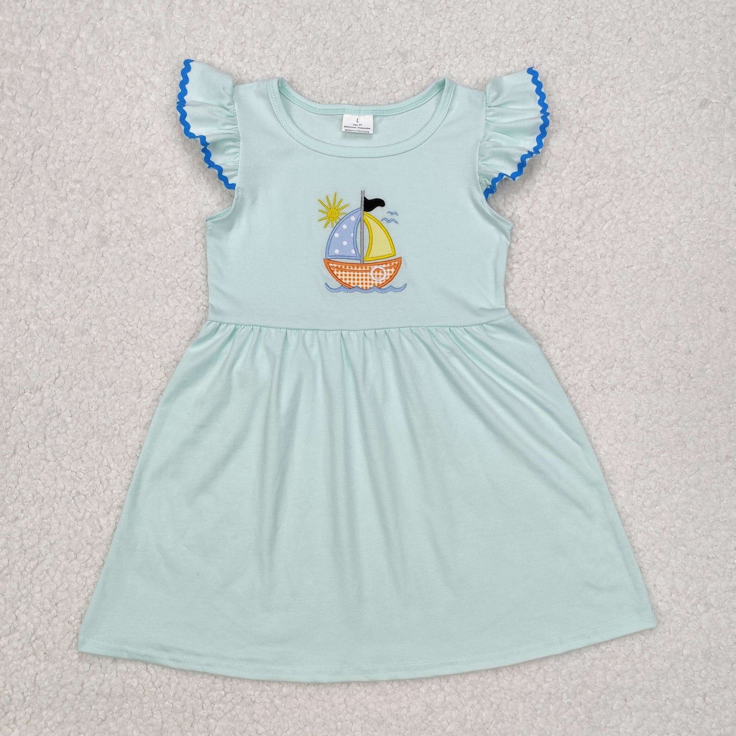 GSD1539 RTS Embroidery Sailboat Mint green sleeveless dress Easter girls outfits