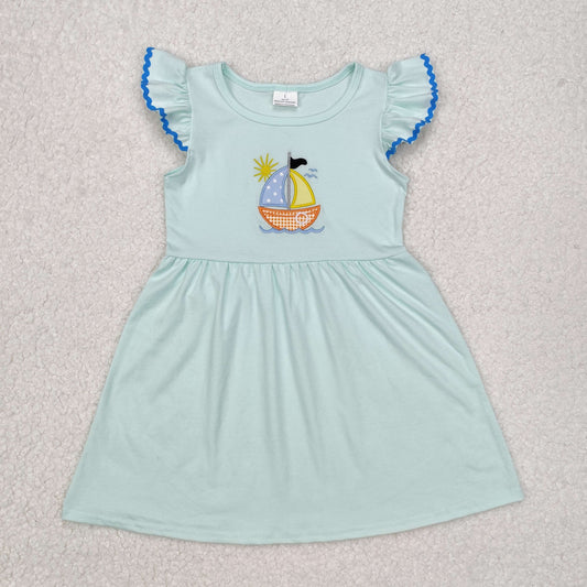 GSD1539 RTS  Embroidery Sailboat Mint green sleeveless dress Easter girls outfits