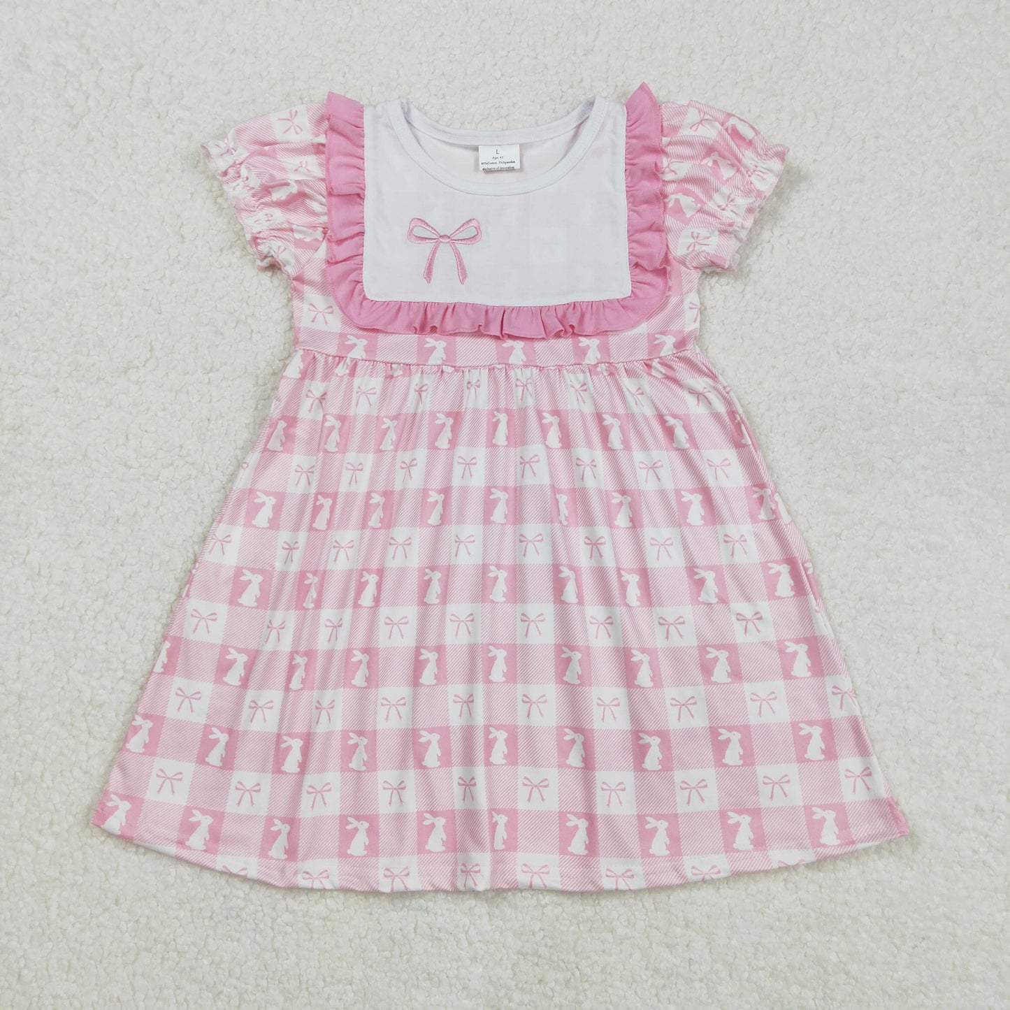 GSD1578 Easter Bunny Embroidered Bow Hot pink ruffle short sleeve dress girls boutique dress 202502 RTS