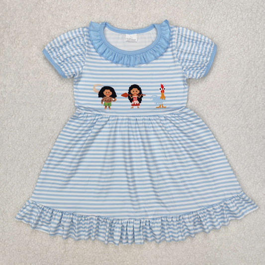 GSD1582 Cartoon Girl chick Blue striped short sleeve Dress Girls Boutique clothes 202503 RTS