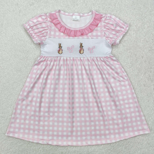 GSD1583 Easter bunny bow embroidery Pink Plaid Ruffled short sleeve Dresses Girls boutique outfit 202501