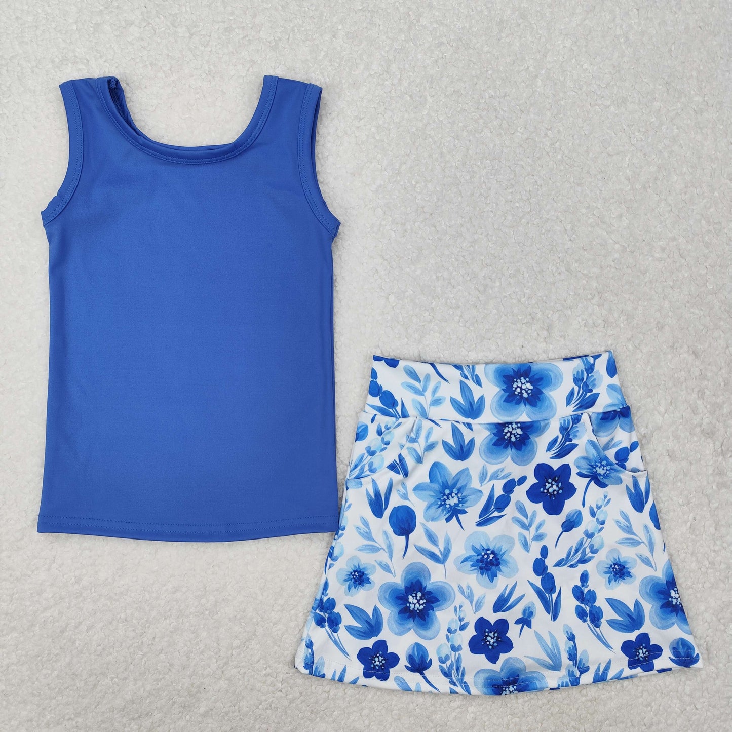 GSD1595 Yoga Outfit Dark Blue Flower Vest Shorts Skirts set Girls clothing sets summer outfit RTS 202501