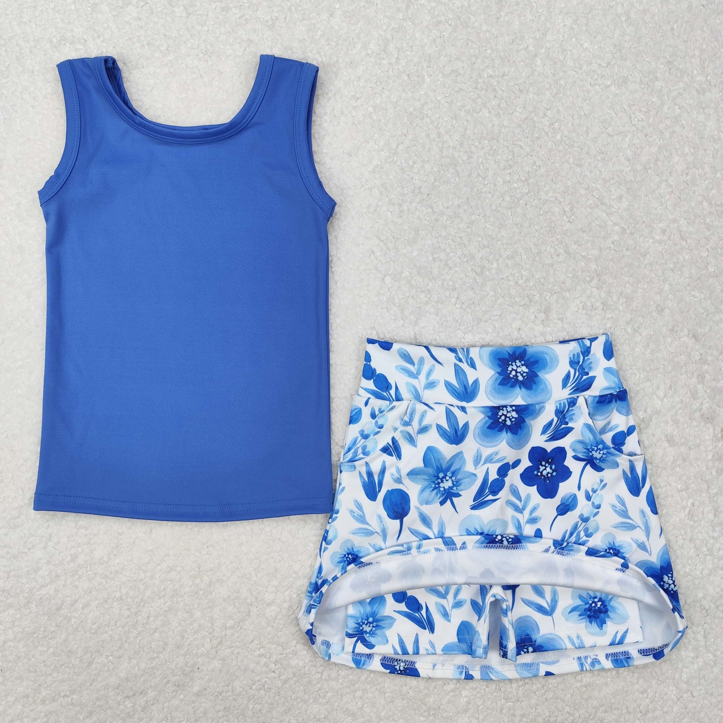 GSD1595 Yoga Outfit Dark Blue Flower Vest Shorts Skirts set Girls clothing sets summer outfit RTS 202501