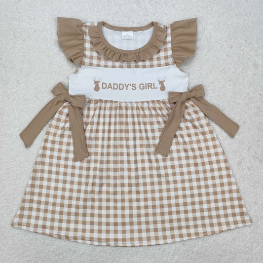 GSD1607 DADDY'S GIRL Brown Plaid Bow Ruffled short sleeve Dresses Girls boutique outfit 202501