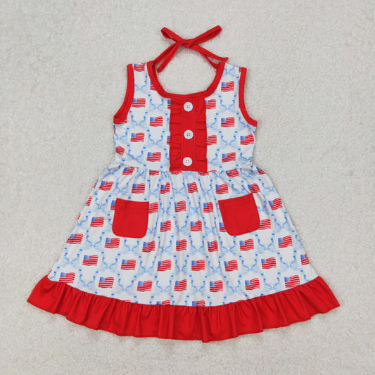 GSD1625 4th of July Red Blue Flag Pocket Ruffle Sleeveless Dress girls boutique summer sets 202503 RTS